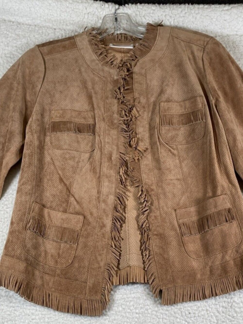 NWT Chico's Women's Lexi Fringe LT Leat Saddle Tan Leather Jacket, Size 0